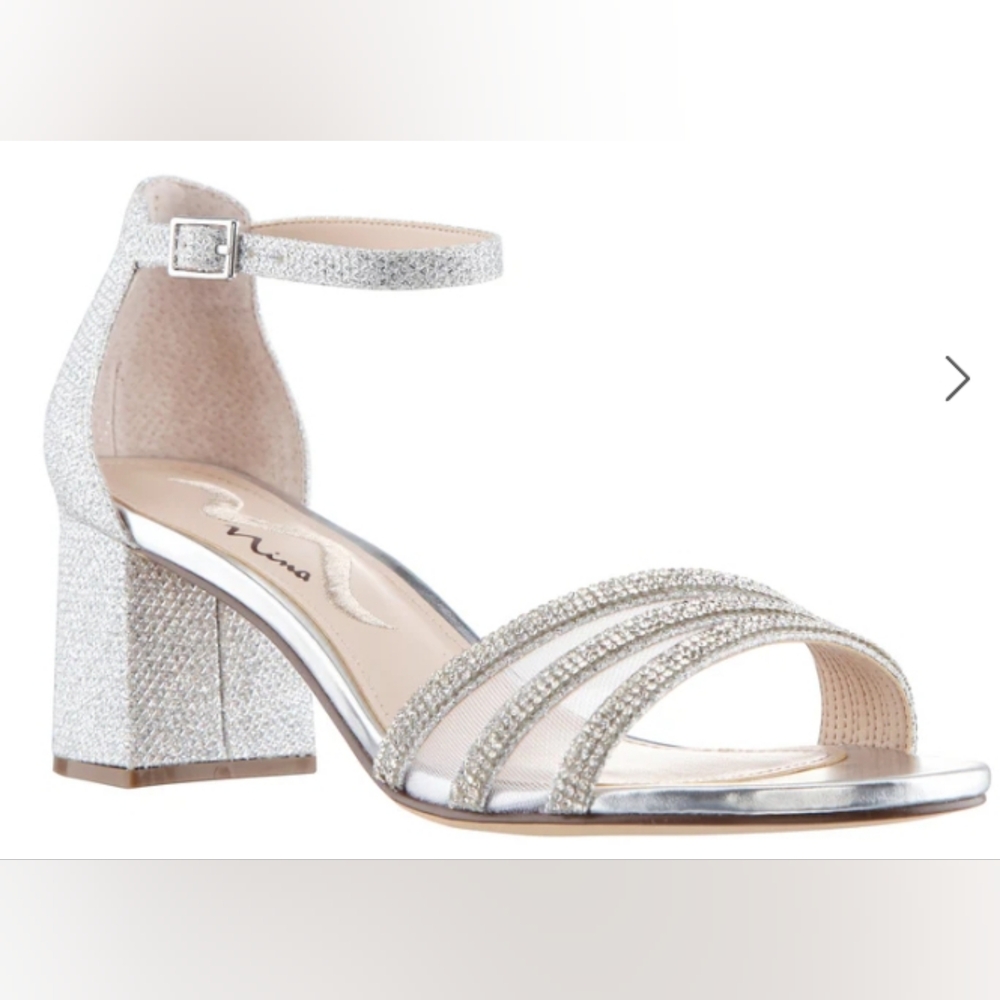 Women's Nagida Silver Metallic Textured Block-Heel Sandal Size 9.5 M Nina Shoes